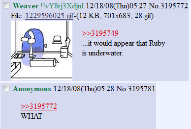 Quote from Weaver: '... it would appear that Ruby is underwater.' with an attached image of Ruby onlooking a glass window leading to a vast ocean outside. An anonymous user responds with 'WHAT'